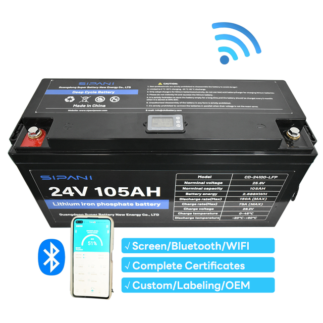 24V 105Ah Lifepo4 Литиевая батарея глубокого цикла LFP с экраном